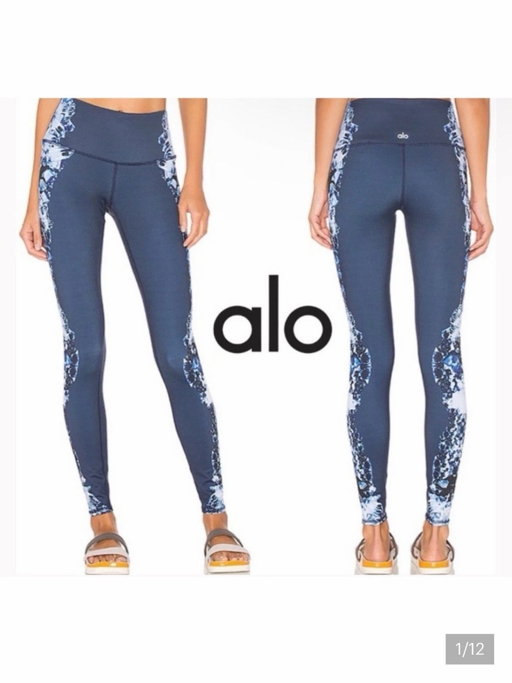 ALO Yoga Navy Blue Leggings with White & Light Blue Side Print